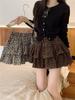 Women's High-Waisted Leopard Print A-Line Skirt - Double Layer, Slimming, Fluffy, Short, for Petite, Autumn/Winter 2025