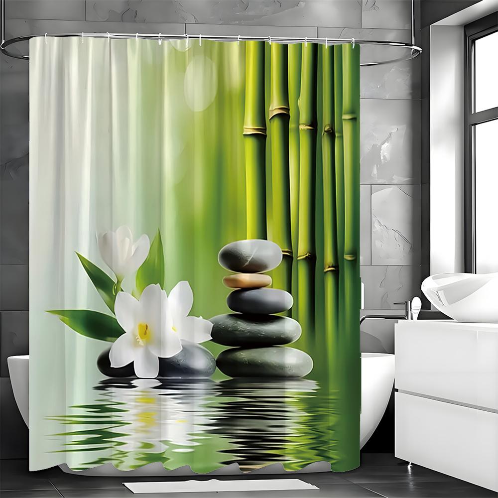 Zen Garden Bamboo Spa Stone Flower Theme Shower Curtain, Bathroom Decorative Shower Curtain, Waterproof Shower Curtain with Hook