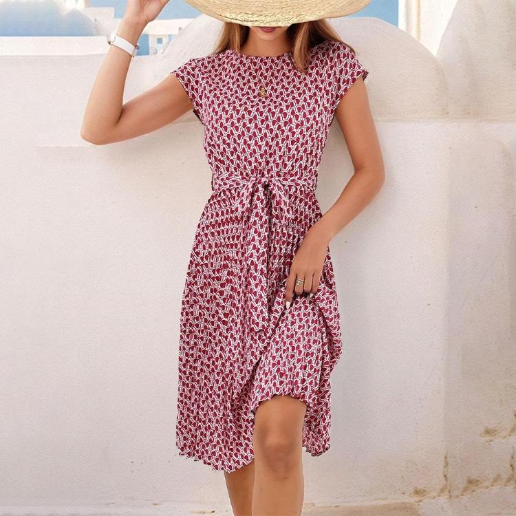 Women Summer Pleated Dress with Belt Round Neck Short Sleeve Medium Long