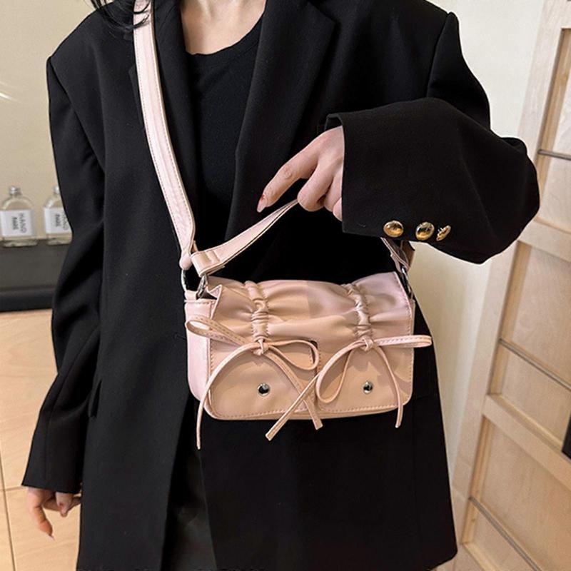Elegant Bowknot Pu Leather Shoulder Bag for Women Versatile Crossbody Bags Satchel Handbag with Short Handle  Pink