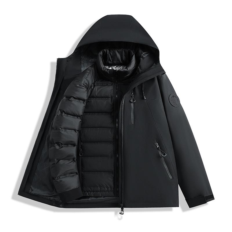 Men's and Women's Custom Outdoor Two-Piece Jacket Set: Three-in-One Shell with 90% Duck Down Lining and Print Logo.