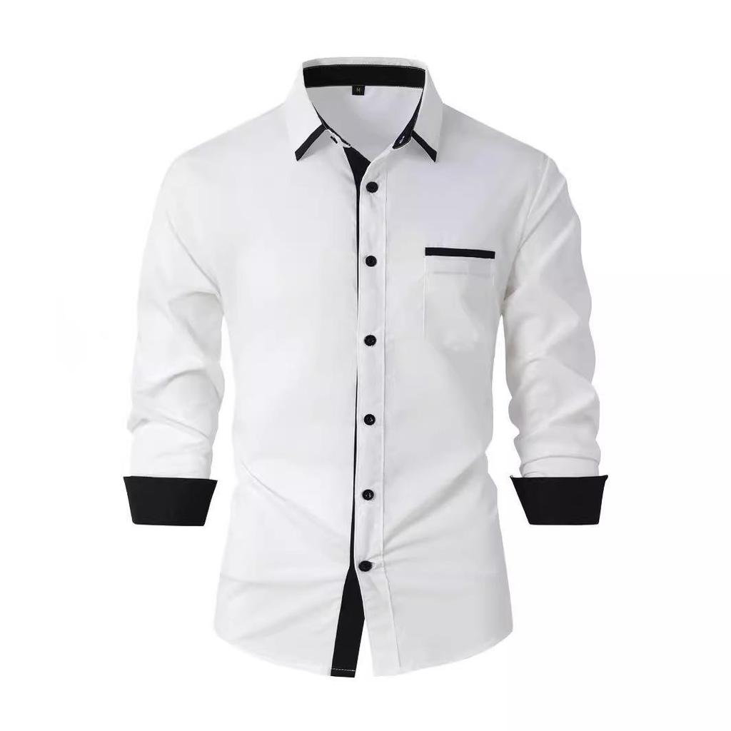 2026 Men's Slim Fit Color-Block Cotton Long Sleeve Shirt - Spring/Autumn Fashion