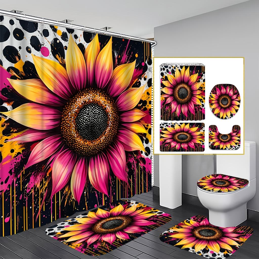 4Pcs Sunflower Art Shower Curtain Set with Non-Slip Bath Mat, Toilet Lid Cover, Contour Rug & 12 Hooks, Bathroom Decor