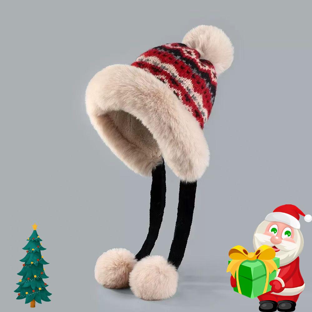 Winter Knitted Knitted Hat Warm Balaclava Hat Windproof Pompom Ear Protection Hat Fur Balls Thicken Beanie Hat Autumn and Winter