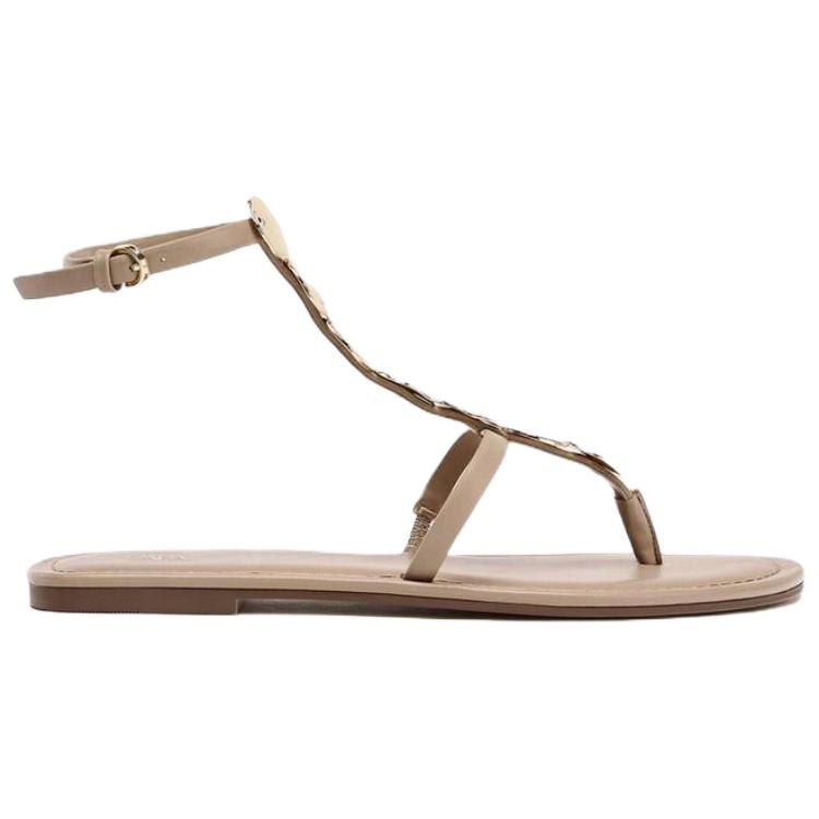 Zara Pu Open Toe Vintage Beaded Flat Sandals Women Sandals Beige 2613510098