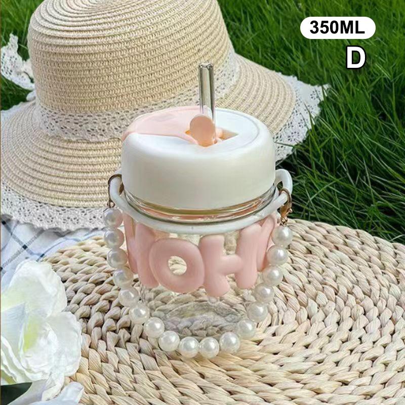 Drinking Cup Transparent Glass High Value Anti-Scalding Cute Straw Cup Pearl Bracelet Letter Water Cup