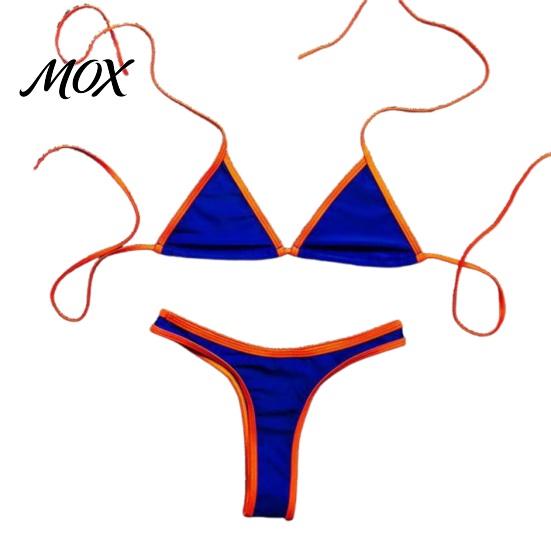 Soft Bikini Set Women Triangle Set, Halter Tie Top & High Cut Thong, Summer Two Beach Piece Swimsuit, Sexy Contrast Color Bathing Suit for Pool Party S синий