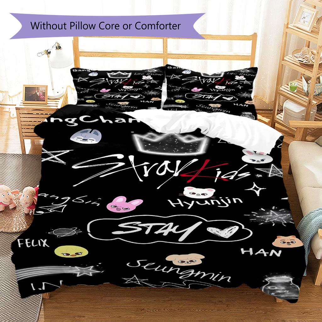 Literie à motif SKZ, Ensemble couette Housse de couette Taie d'oreiller Cadeau d'anniversaire pour la maison (1 housse de couette + 2 taies d'oreiller, sans garniture.)