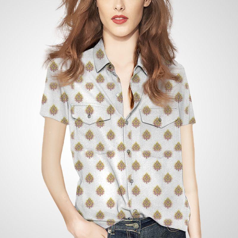

Stylish Fashion Elegant Polo Collar Short Sleeve Shirt 2025 Summer New Floral Print Single Breasted Women s Tops Grey Print S