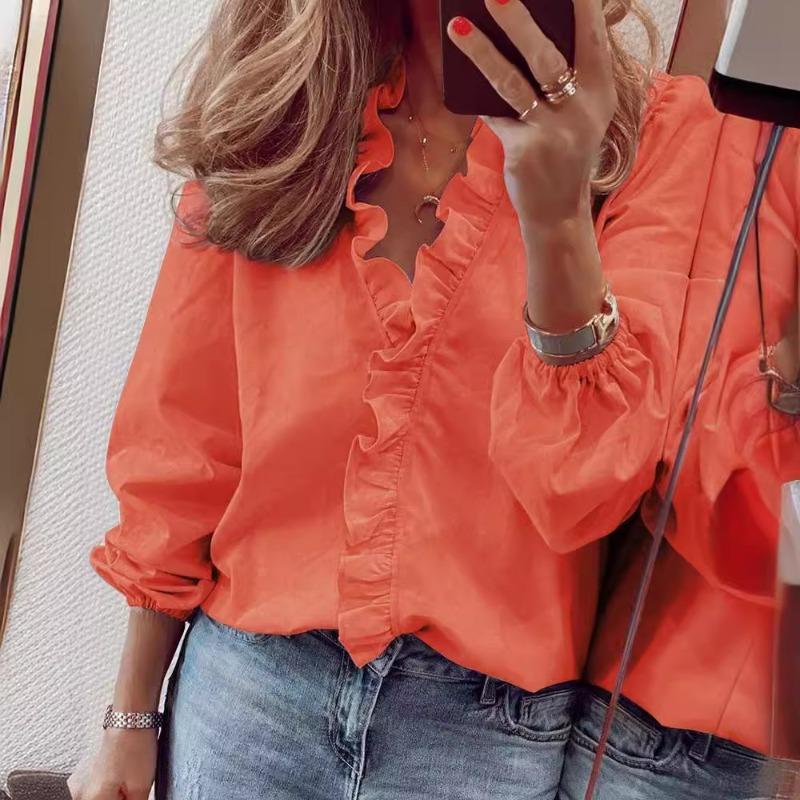 Wish spring and summer new long-sleeved ruffle shirt women's shirt