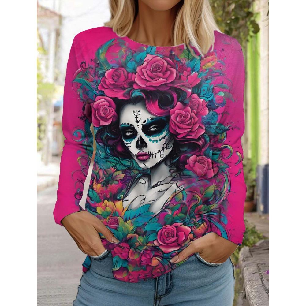 Spring Sugar Skull Pattern Womens Long Sleeve T-Shirt Day of the Dead Pullover Fashion 3D Printed Tops Gothic Style Women's Clothing