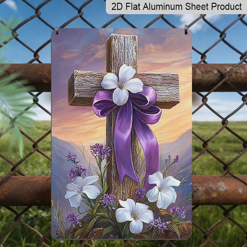 

2D Flat, 1pc Beautiful Cross with Lilies Aluminum Sign 7.87*11.8 Inchs Decorative Sign &, Plaque for Spring All Seasons, Festival Decorations for 20*30cm