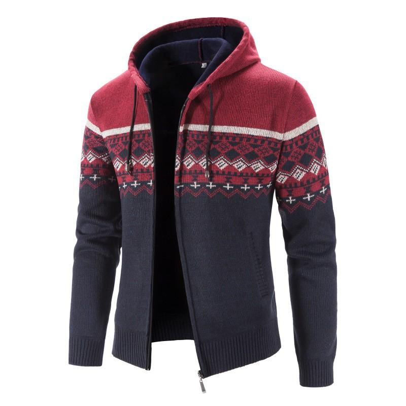 Men's Autumn and Winter Warm Jackets Hooded Knitted Cardigan Velvet Padded Jacket