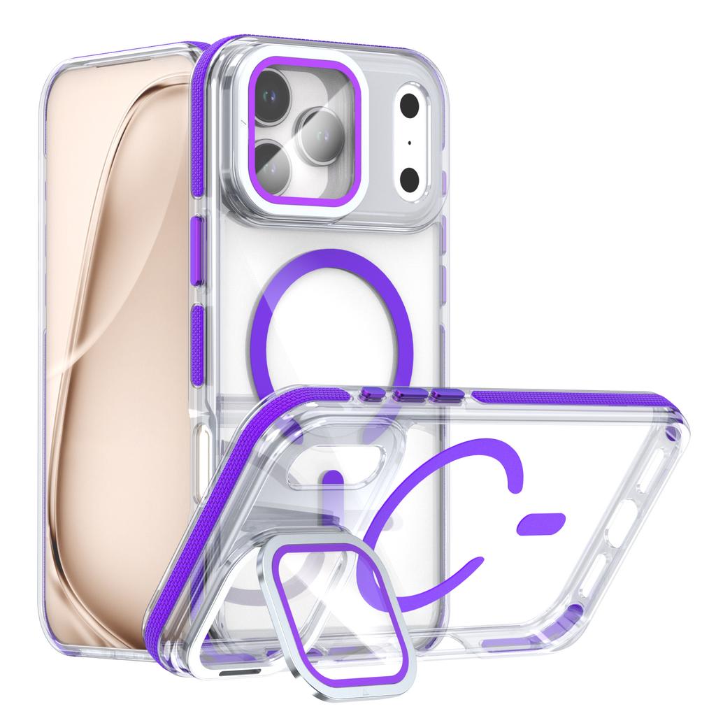 For iPhone 17 Pro Max Magnetic Case TPU Acrylic Clear Phone Back Cover with Lens Protector Kickstand