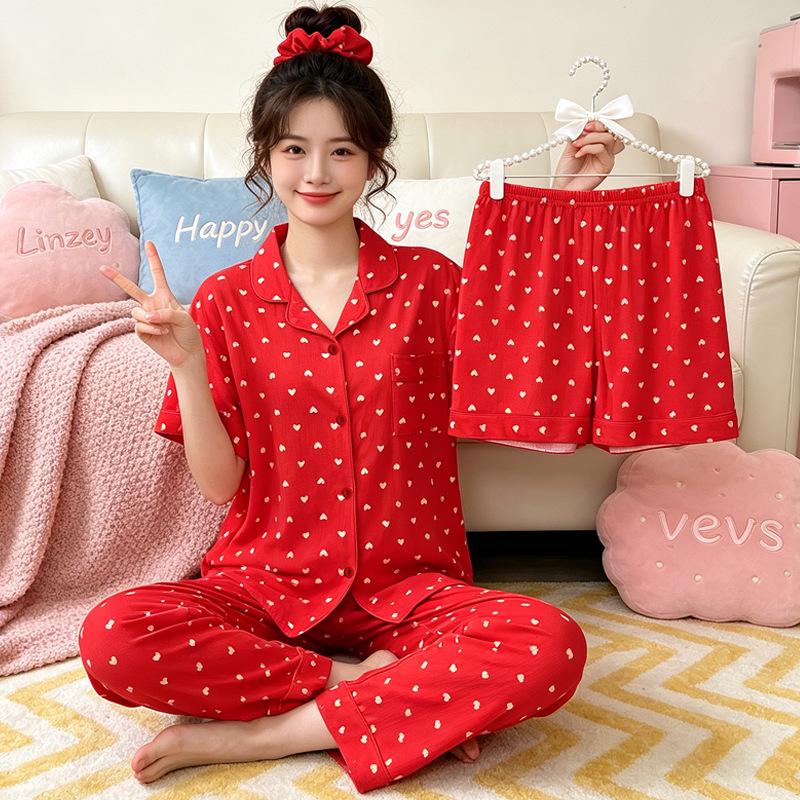Women's Summer High-Quality Crinkle Fabric Heart Pajama Set - Short Sleeve Three-Piece Loungewear for Indoors or Outdoors