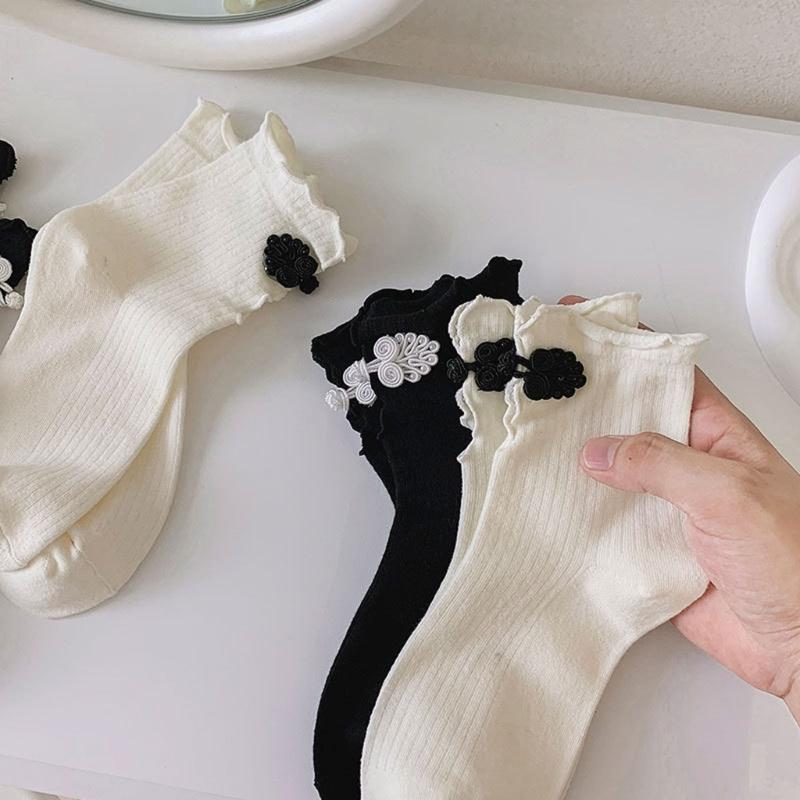 Women Crew Socks Ruffle Ankle Socks Japanese Style Sweet Bows Socks Frilly Cheongsam Knee High Socks Y2K Streetwear