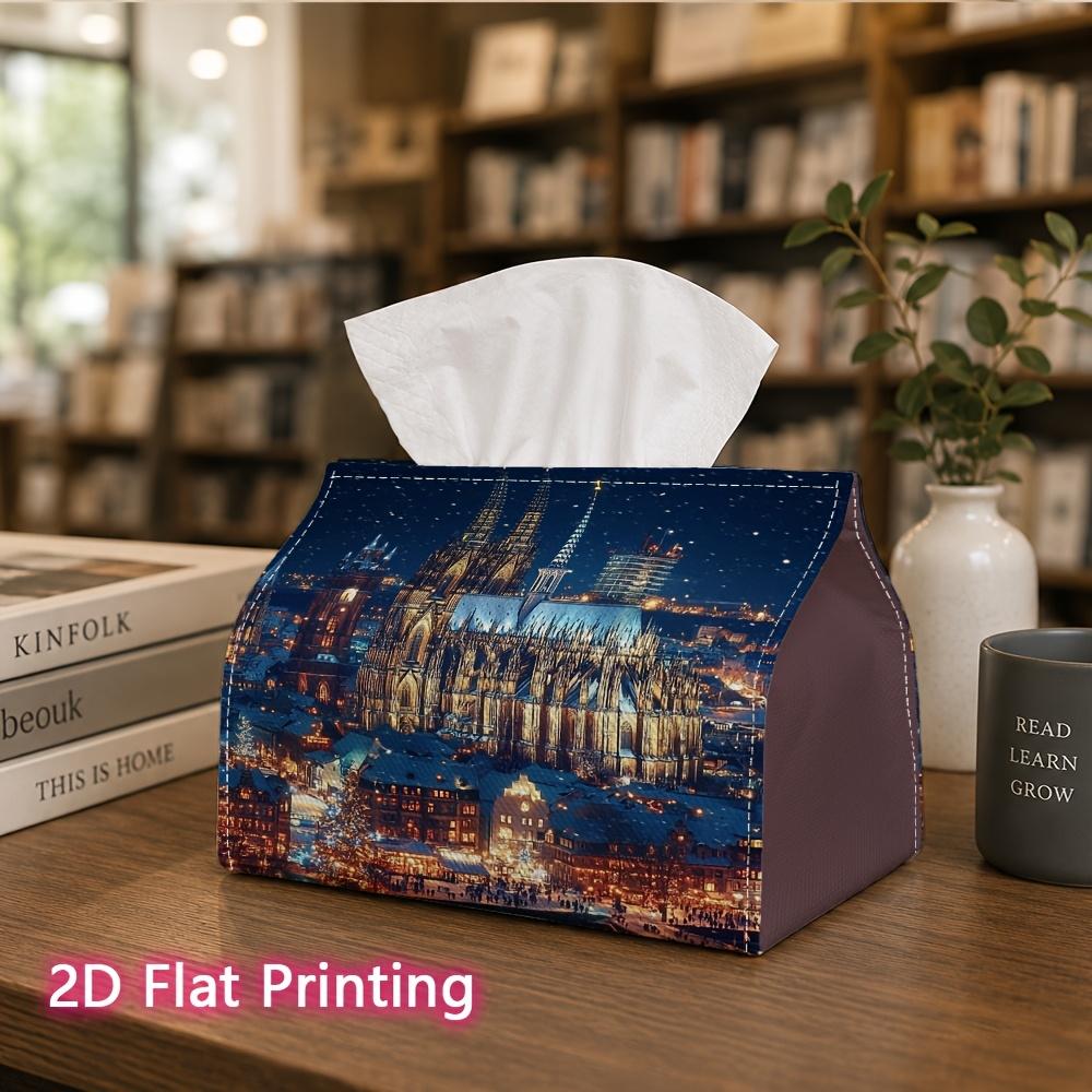 1pc, 2d Flat Printing, Tissue Box Cologne Cathedral Night Market Christmas Lighting Pattern Printed Tissue Box, Suitable for Bathrooms, Living Rooms,