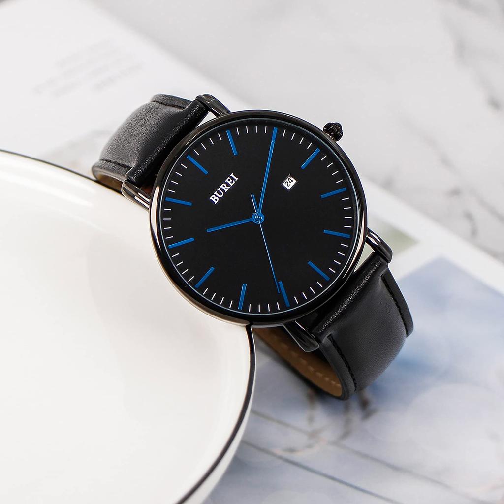 BUREI Men's Leather Watch, Simple and Stylish, Waterproof, Analog, Popular, Date Display, Business, Brand, Gentleman, Slim, Men's Watch G