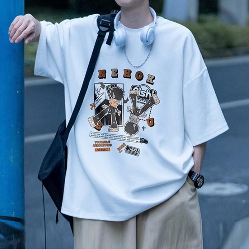 Cross-border trend T-shirt Men s trend brand printed short-sleeved loose five-quarter-sleeved men s short-sleeved T-shirt S белый