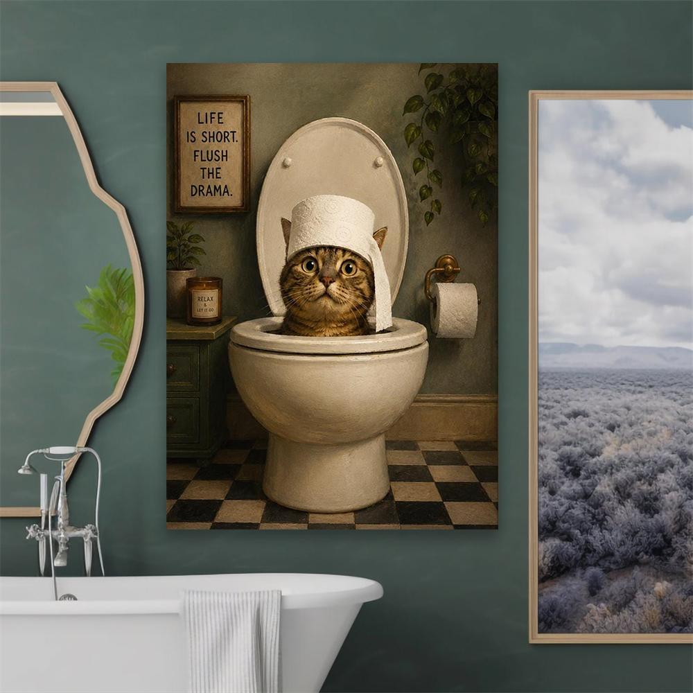 Funny Cat Toilet Art Prints Vintage Bathroom Poster Decor Humorous Wall Print Canvas Painting Toilet Decor