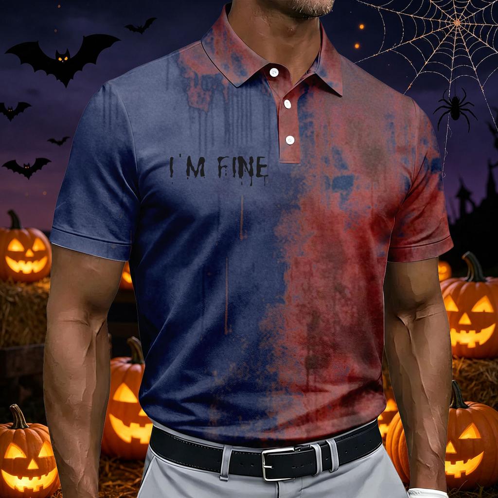 Men's Casual Short Sleeve Polo Shirt Halloween Print Breathable Lightweight Button Down Collar Summer Top