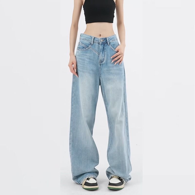 Blugi drepți albastru deschis Femei Design de vară Spălat Joker Pantaloni largi cu mop cu picioare largi