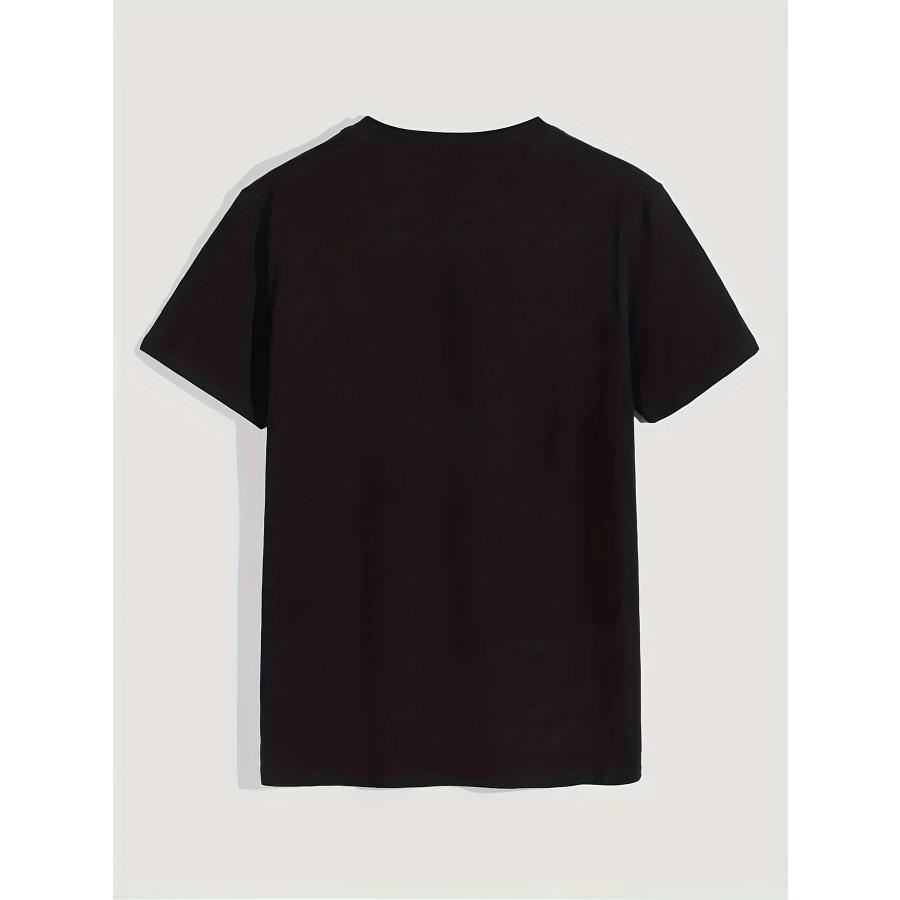 Men's Summer Casual Loose Size 100% Cotton Tees Black Print Round Neck Short Sleeve T-shirt Top