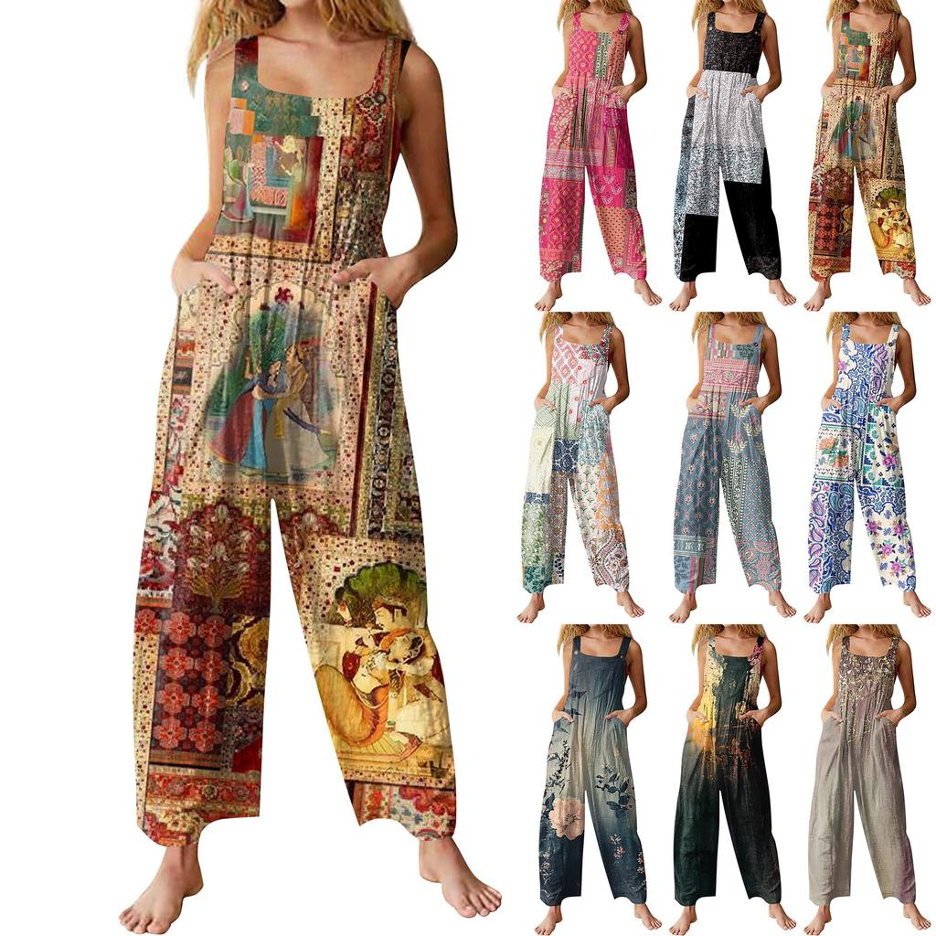 Tuta da donna casual alla moda ampia con spalline posteriori e gamba larga con stampa vintage