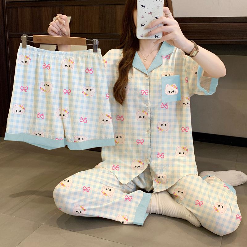 Japanese Wind Cloud Cotton Pajamas Women'S Summer Short-Sleeved Three-Piece Set Small Fresh Plaid Bow Loungewear