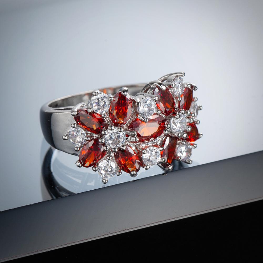 Dragon's Intention Luxurious Ruby Red Floral Zircon Ring: European & American Style