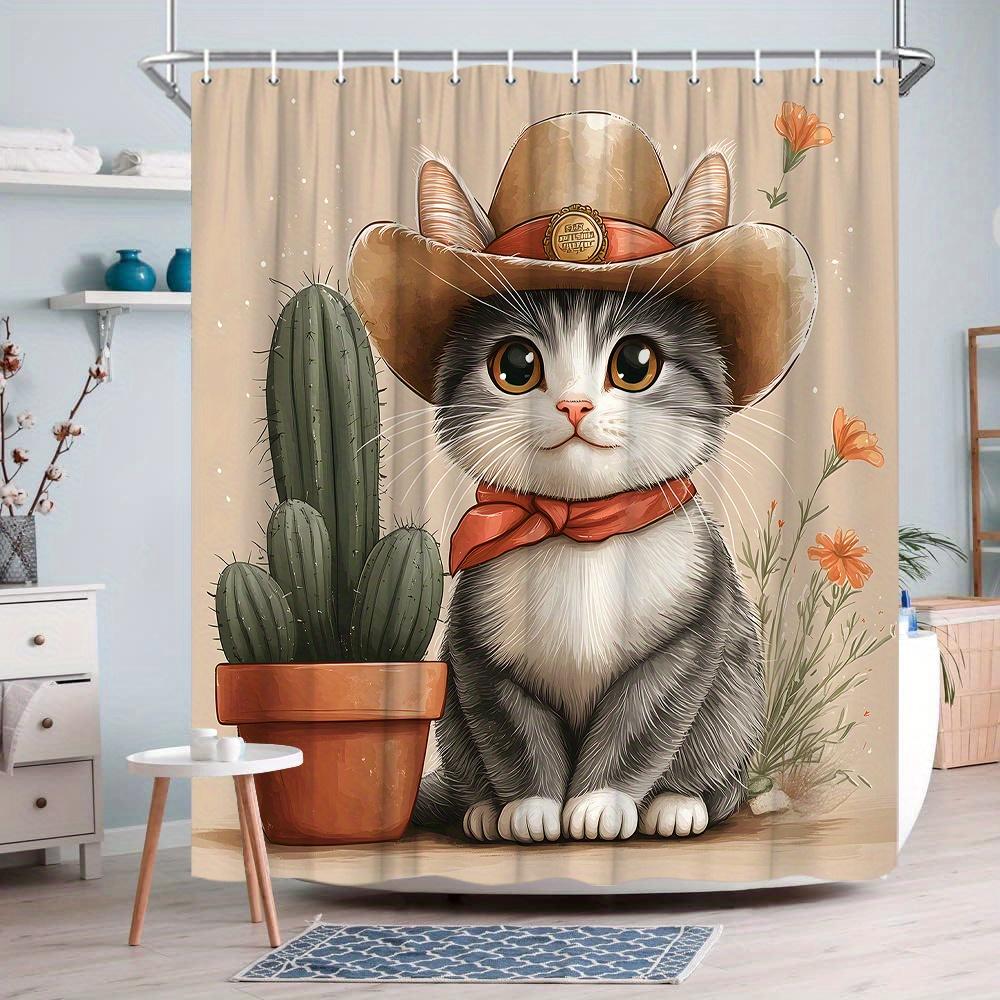 1pc Anthropomorphic Kitten Cowboy Hat & Cactus Shower Curtain - Whimsical Western Bathroom Decor with Soft Textured Design,