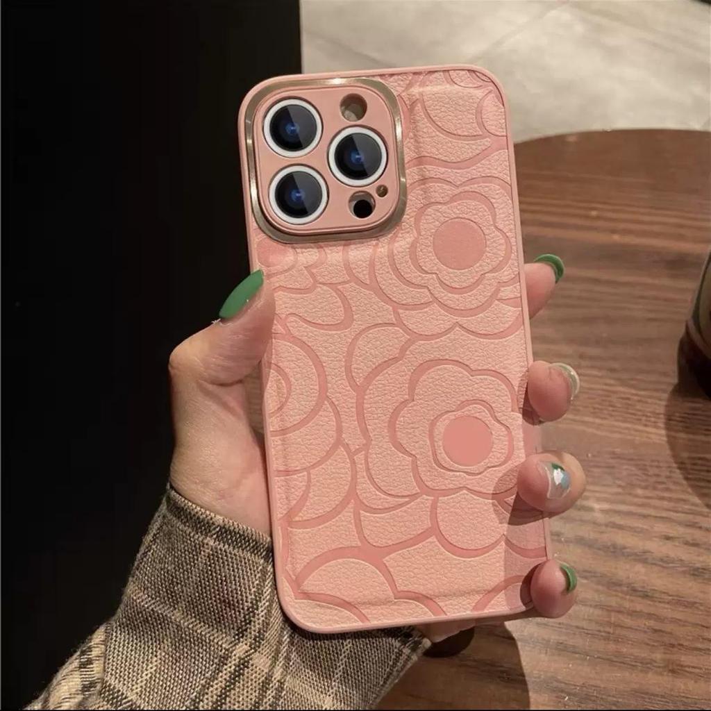 Apple 17 Pro Max Camellia Leather Texture Phone Case with Metal Lens for Full Coverage iPhone 16/15 Protection