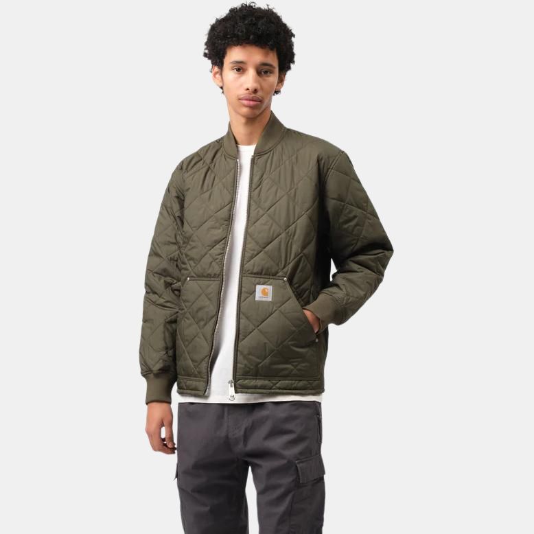 Carhartt WIP FW24 Myton Liner Diamond Quilted Square Label Zip Closure Long Sleeve Jacket Unisex jackets Military-Green I033856-666-XX