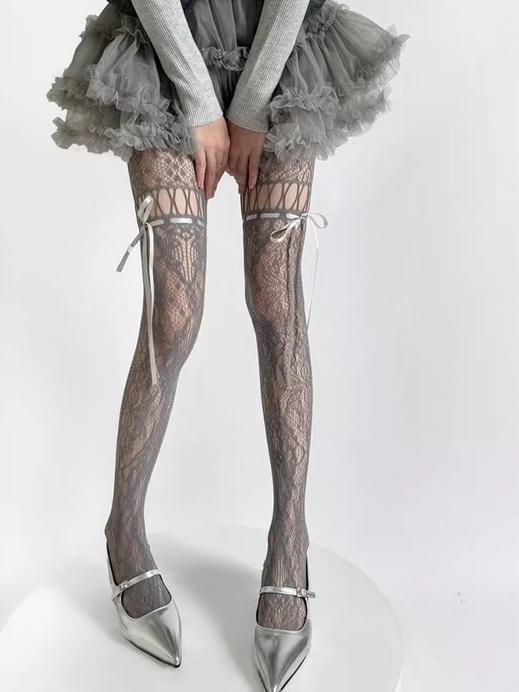 Women Sexy See Through Mesh Sheer Fishnet Stockings JK Uniform Bow Tie Strap Lace Bottoming Pantyhose New Design Beige Tights