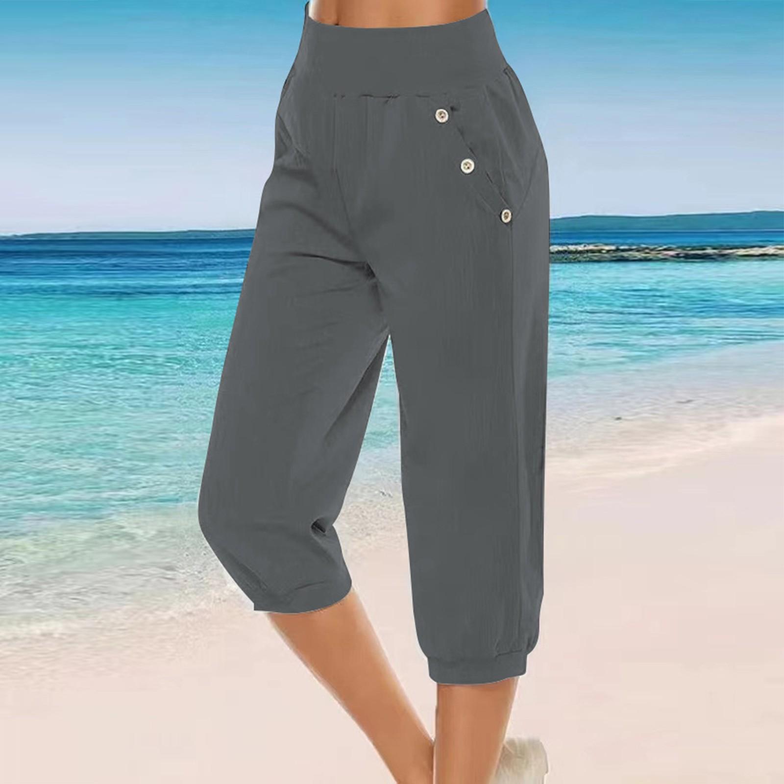 

Женские однотонные повседневные брюки из хлопка и конопли, тонкие дышащие брюки с высокой талией и корсетом, 7 очков S серый