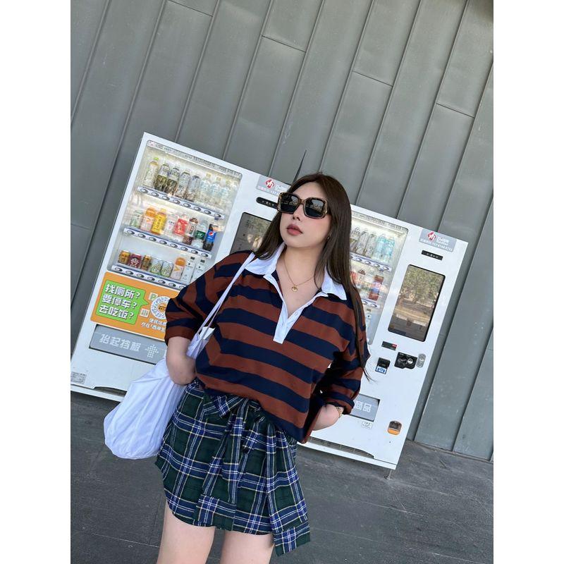 30% Off Miss Biggie European and American Plus Size Slimming Versatile Loose Combed Cotton Horizontal Stripe Polo Collar Long Sleeves Shirt