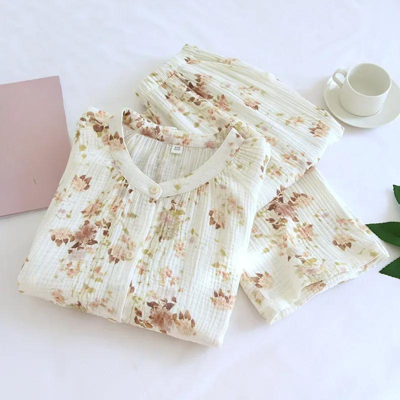 Spring / Autumn Cotton Gauze Pajamas Women's Stand-up Collar Long Sleeves Trousers Loungewear Set Loose  Pijamas