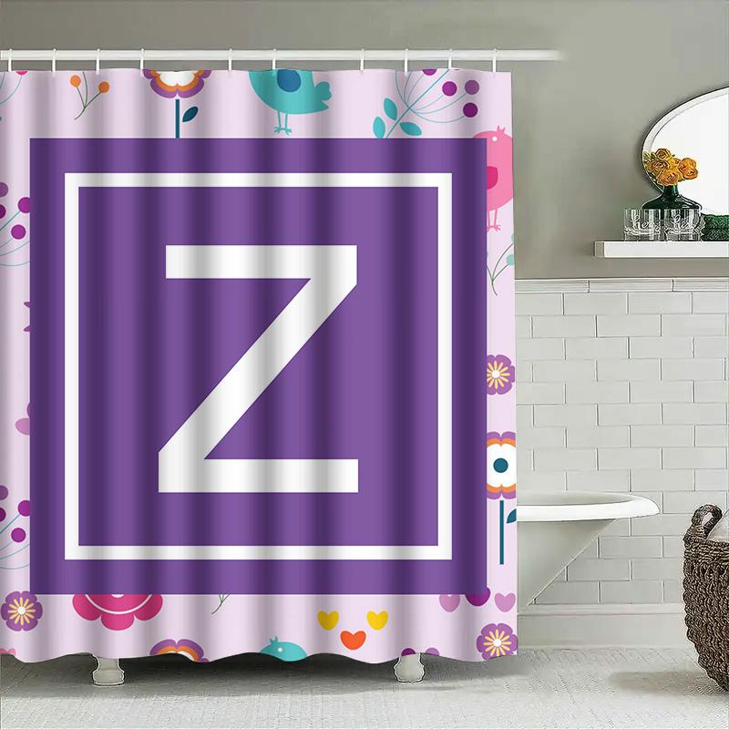 Modern Design Purple Floral Shower Curtain With Letter Z For Bathroom Decor Printed Fabric Waterproof Washable Home Decoration (