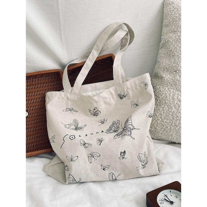New Printed Butterfly Shoulder Canvas Bag Women's Small Satchel Lazy Student Large Capacity Canvas Bag