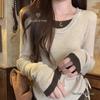 Slimming Color Block Two-Piece Pleated Long Sleeve Drawstring Top