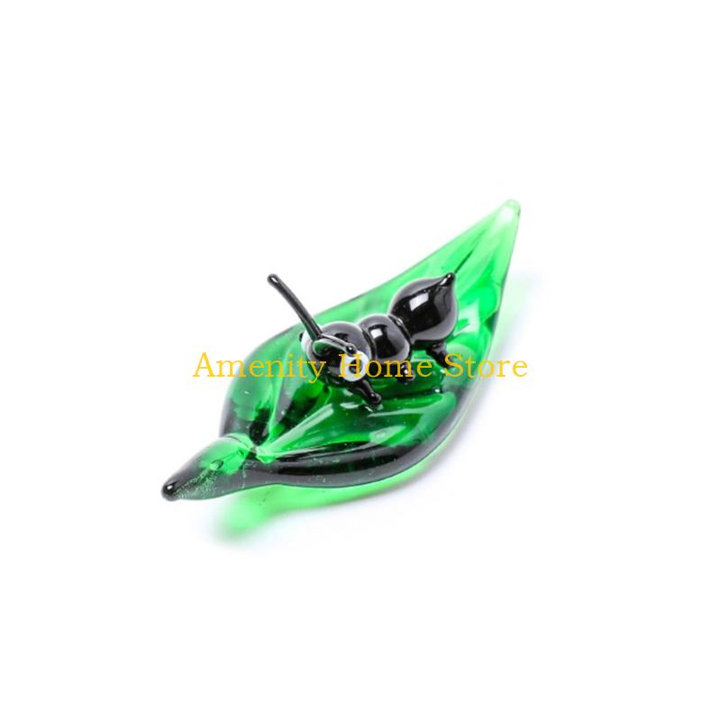 F26C Art Glass Insect Miniature Animals Collection Glass Green Leaf Ladybugs Ants Figurine Tabletop Ornament Home Office Decors