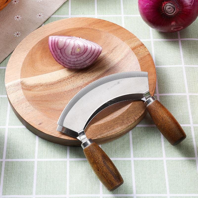 

Double Blade Mezzaluna Knife & Round Wood Cutting Board: Pizza Cutter & Rocker Knife, Stainless Steel Salad Chopper