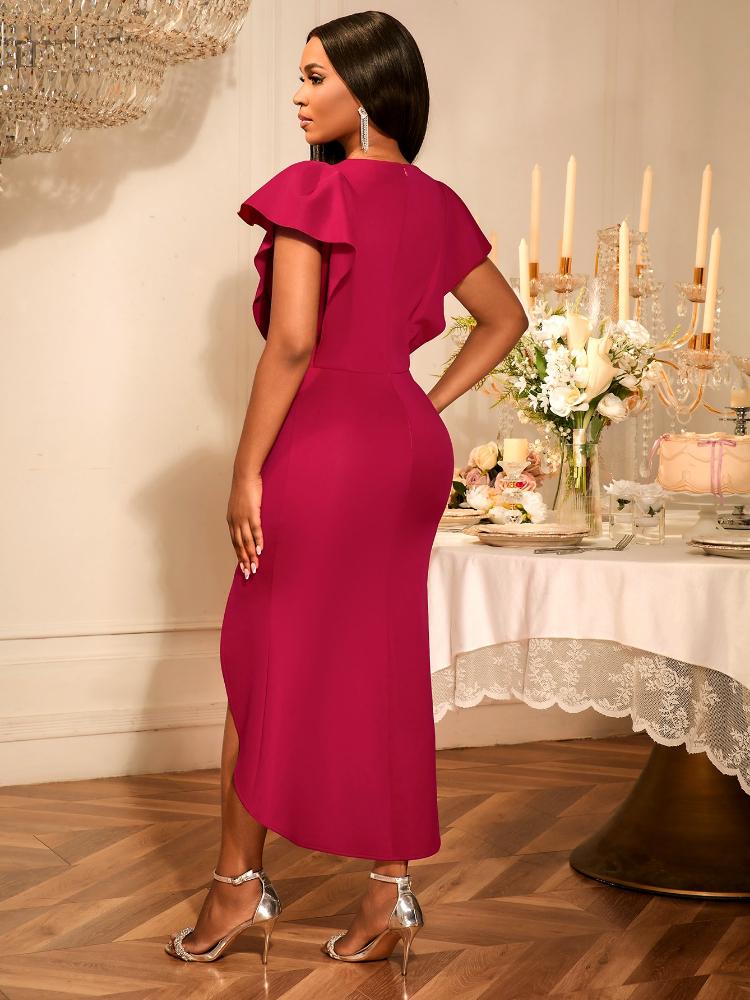 Sexy Red Irregular V Neck Dresses for Evening Party 2025 Summer New Flounced Edge Short Buttfly Sleeves Dress Women