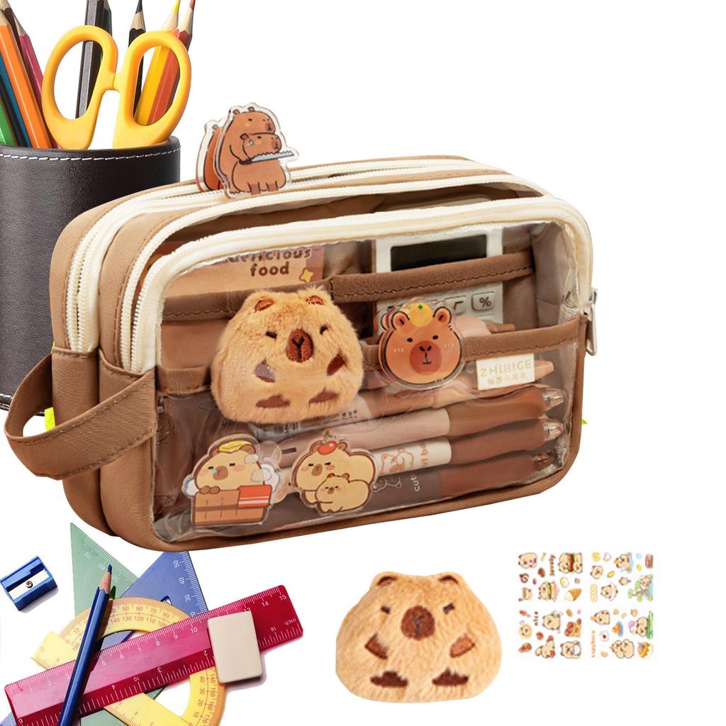 Pencil Case with Compartments Pencil Pouch Clear Pen Bag with Sticker Pendant for Office School