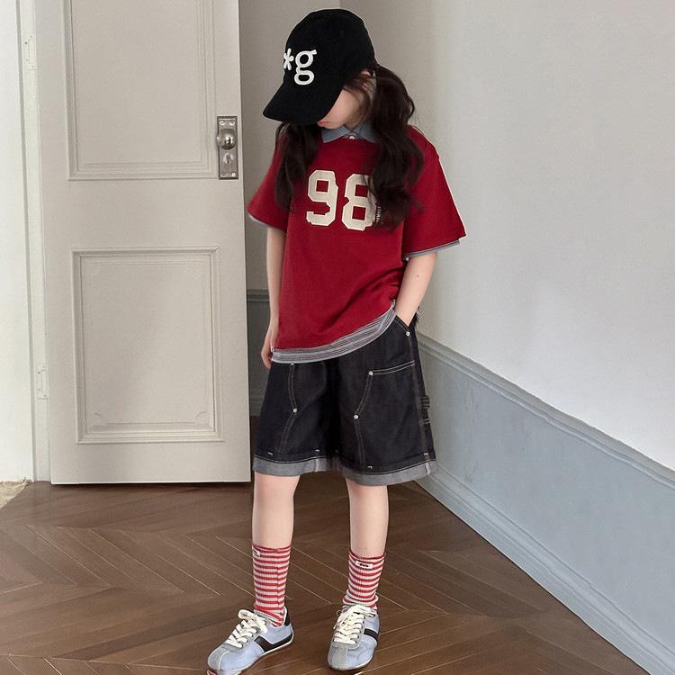 Koreanischer Stil Kurzarm-Polo & Jeansshorts Set für Mädchen - Trendige mittellange Campus-Mode für Kinder