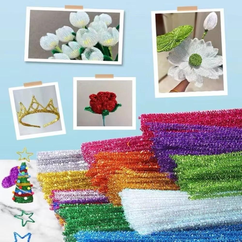 100pcs New 30cm Glitter Chenille Stems Wool Top Torsion Bar DIY Craft Supplies Christmas Wired Sticks
