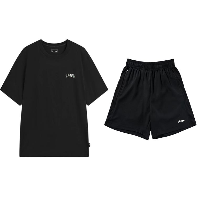 Li-Ning Summer Mens Short Sleeve Shorts Fashion Trend Comfortable Breathable Moisture Wicking Casual Sports Suit Men suit Black AHSW275-4+YATV113-1 S