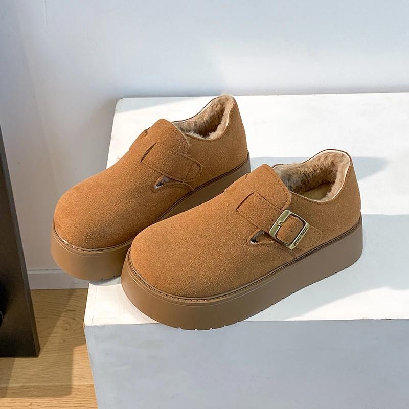 Fashion Women's Fashion Thick Sole Cotton Boots Winter New Round Head Suede Deep Mouth Metal Buckle Non-slip Low-top Shoes