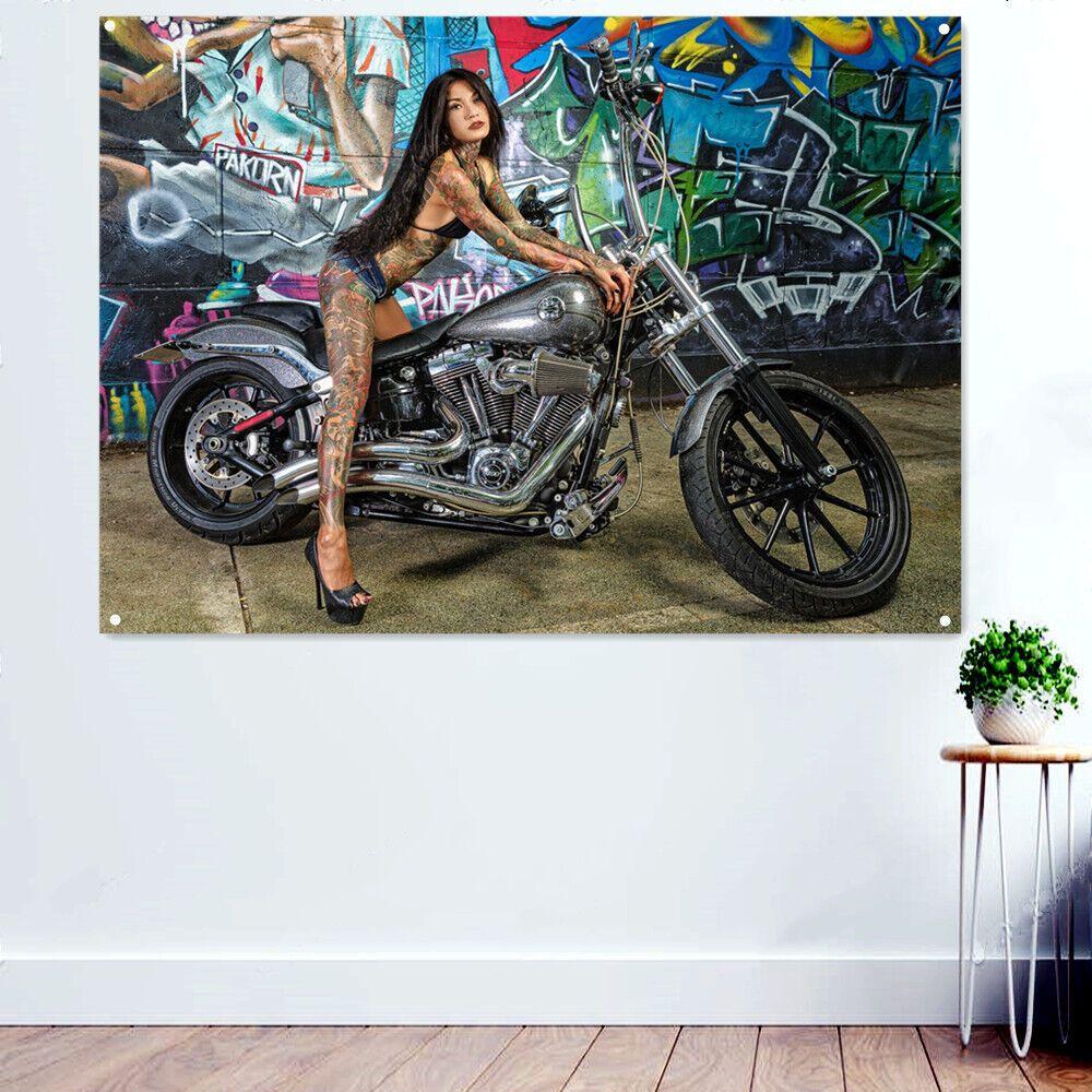 Tapestry tattoo of a biker girl on a motorcycle 75x100 чёрный