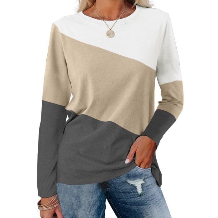 Fashion Color Blocked Long Sleeved Top with Personalized Contrasting Design for Women's Casual T-shirts